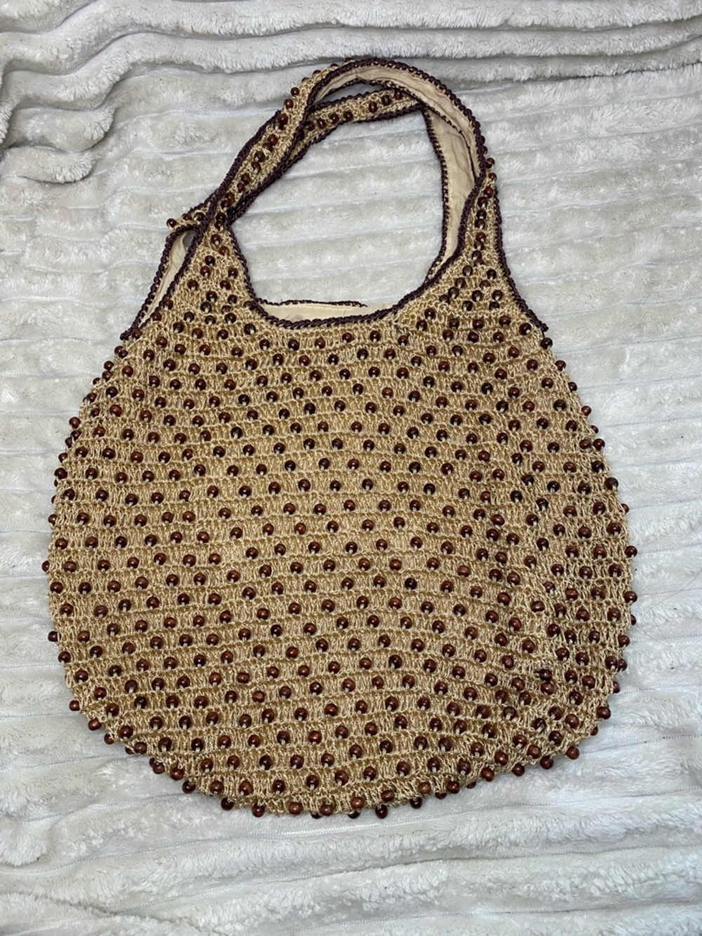 American Eagle Outfitters Beige Crochet Shoulder Bag with Brown Beads